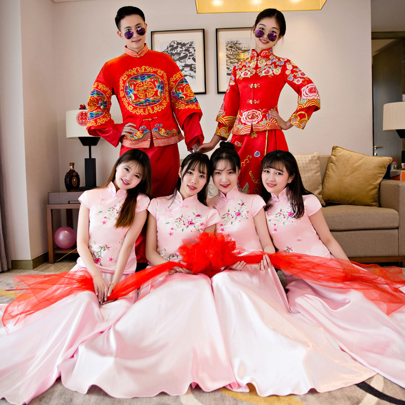 伴娘服中式结婚礼服伴娘团中长款姐妹裙连衣裙民国古装学生服毕业