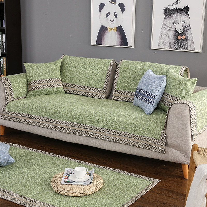 绿色亚麻沙发垫四季加厚棉麻布艺皮木组合沙发坐垫靠巾果色宽包边
