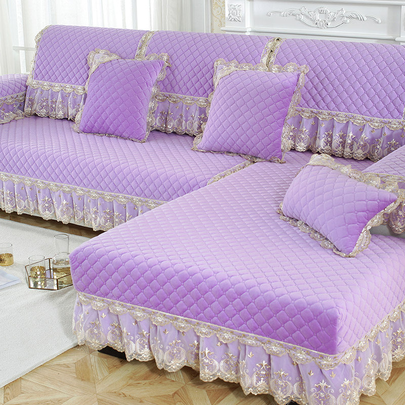 冬季加厚毛绒沙发垫布艺水晶绒防滑欧式法兰绒秋冬保暖套巾罩粉紫