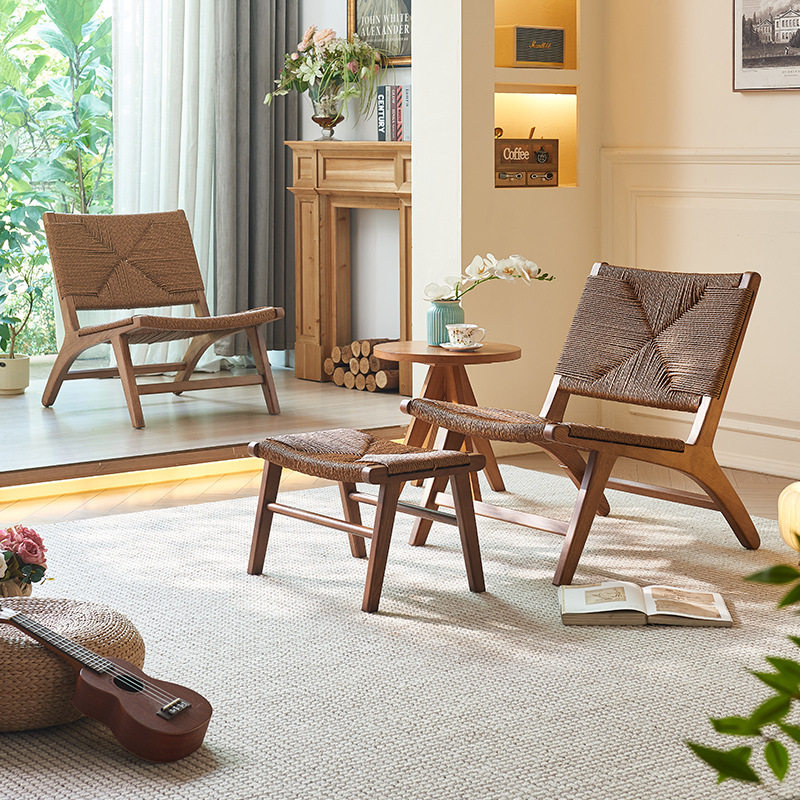 中古风实木单人躺椅客厅绳编休闲椅脚踏组合侘寂复古风民宿沙发椅,住宅家具,沙发椅,淘宝优惠券,粉丝福利购,淘宝优惠卷