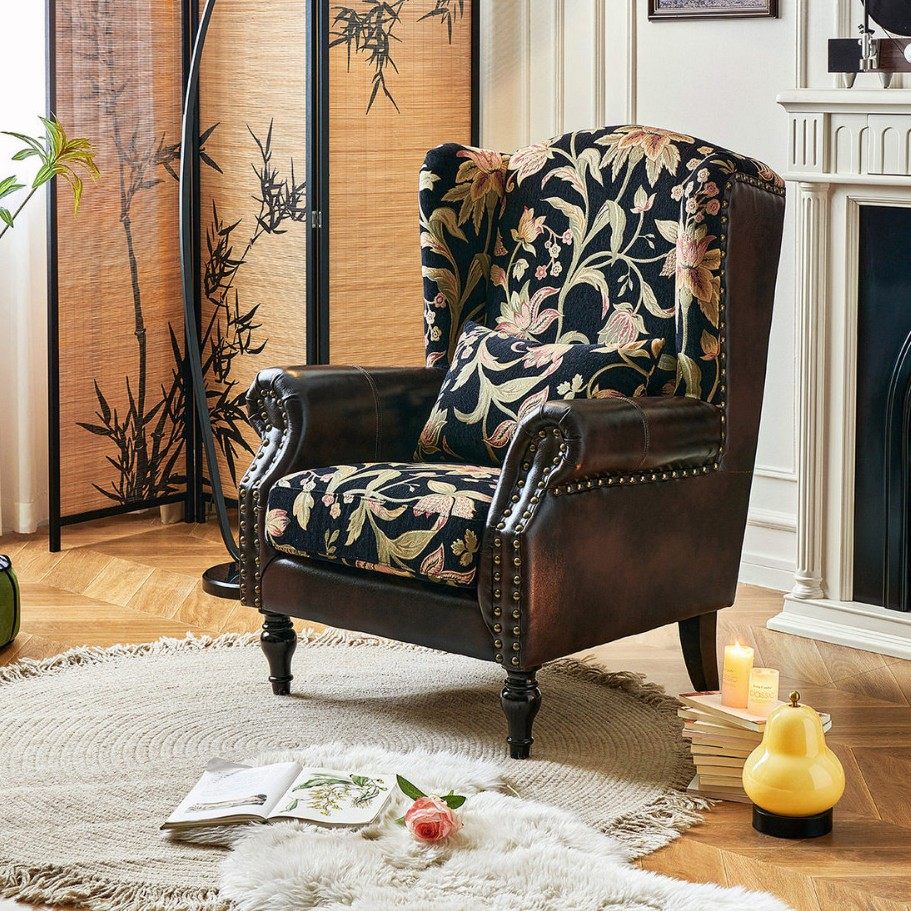 繁花老虎椅法式复古风布艺真皮拼接单椅美式客厅高背休闲单人沙发,住宅家具,沙发椅,淘宝优惠券,粉丝福利购,淘宝优惠卷