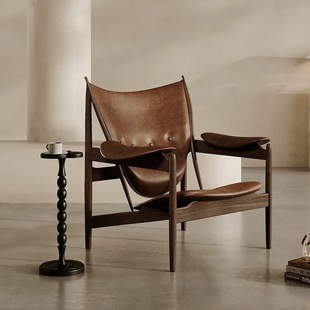 意式主人酋长椅实木真皮椅子单人客厅休闲椅阳台设计师中古沙发椅