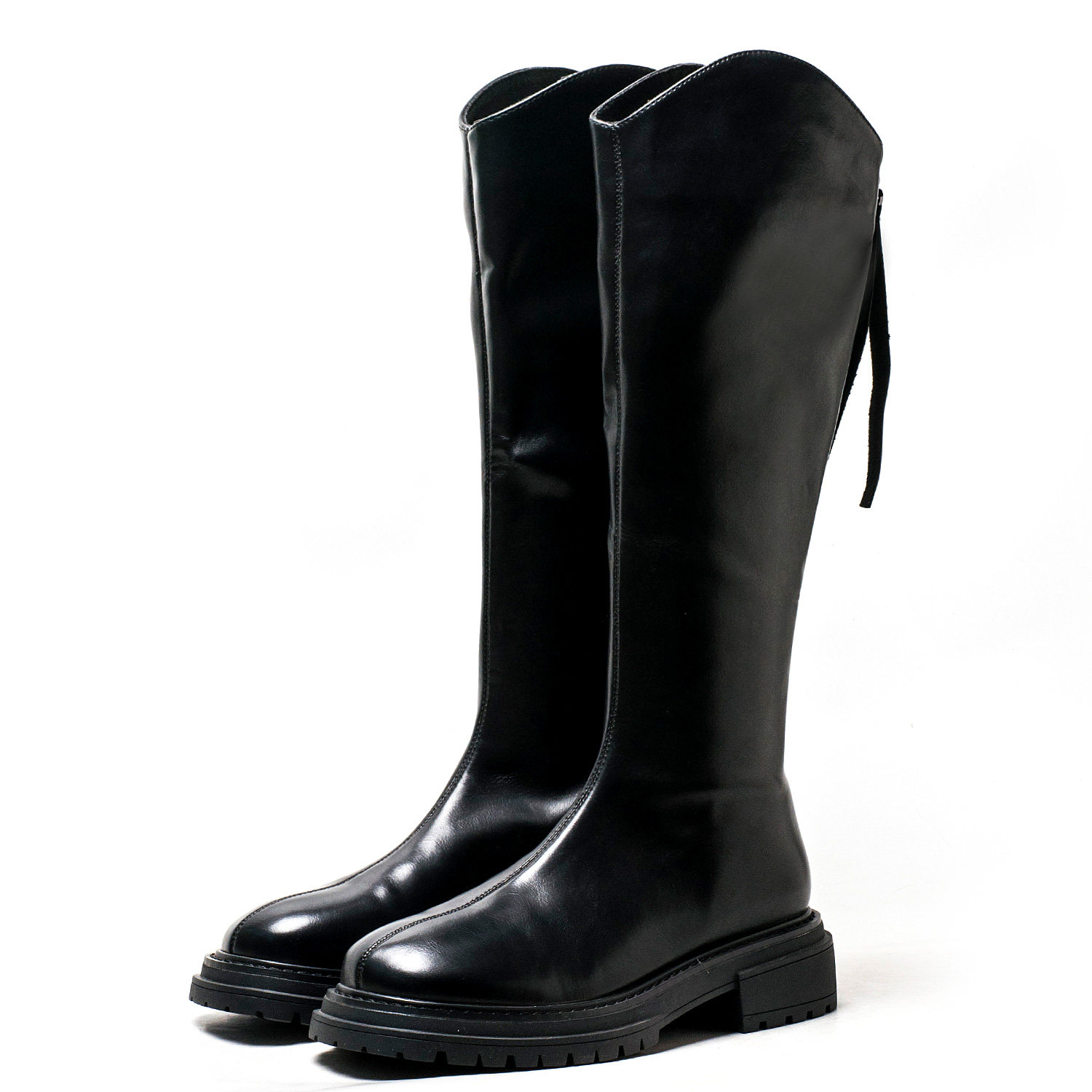 加绒棉靴黑色皮革长靴子女冬圆头厚底水台方粗跟后拉链MD24119021