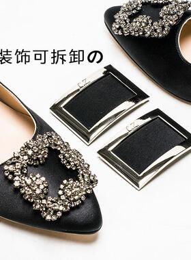 丝绸单鞋女礼服鞋子尖头高跟水钻金属方扣两穿真皮内里MD03111051