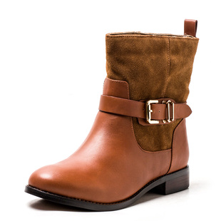 40码大码加毛加厚棉靴暖脚真皮短靴子女冬棕色牛皮搭扣DF00004394