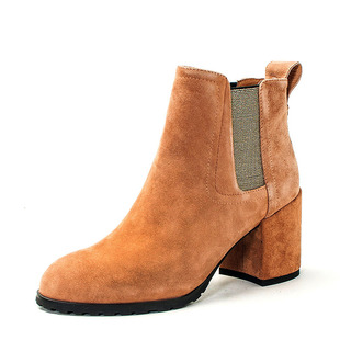 小码羊猄真皮切尔西短靴子女冬浅棕色羊皮圆头高粗跟套SF84116074