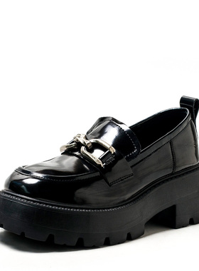 厚底真皮乐福鞋子黑色漆面牛皮单鞋女套脚粗跟水台高跟MD33112D45