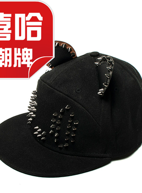 动物园帽子男熊猫耳朵嘻哈黑色帆布金属铆钉平檐帽游乐场HM261401
