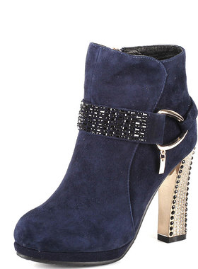 加绒棉靴真皮短靴子女冬深蓝色羊皮超高粗跟水台侧拉链FB34SXJ711