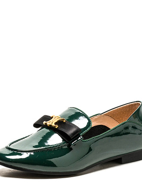 真皮乐福鞋子绿色牛皮单鞋女春秋圆头平跟蝴蝶结金属扣SF13112082