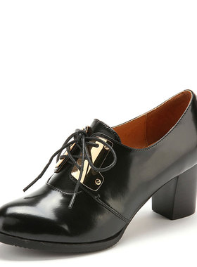 真皮深口单鞋女春秋黑色漆面牛皮粗跟圆头绑带中跟英伦FB33S22312