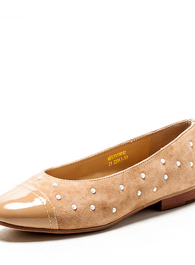 真皮大底女鞋子圆头拼接羊猄皮波点单鞋平跟小香风珍珠MFF3111012
