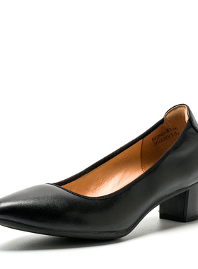 上班通勤工作鞋子不累脚黑色真皮单鞋女春秋尖头中粗跟MD21111087