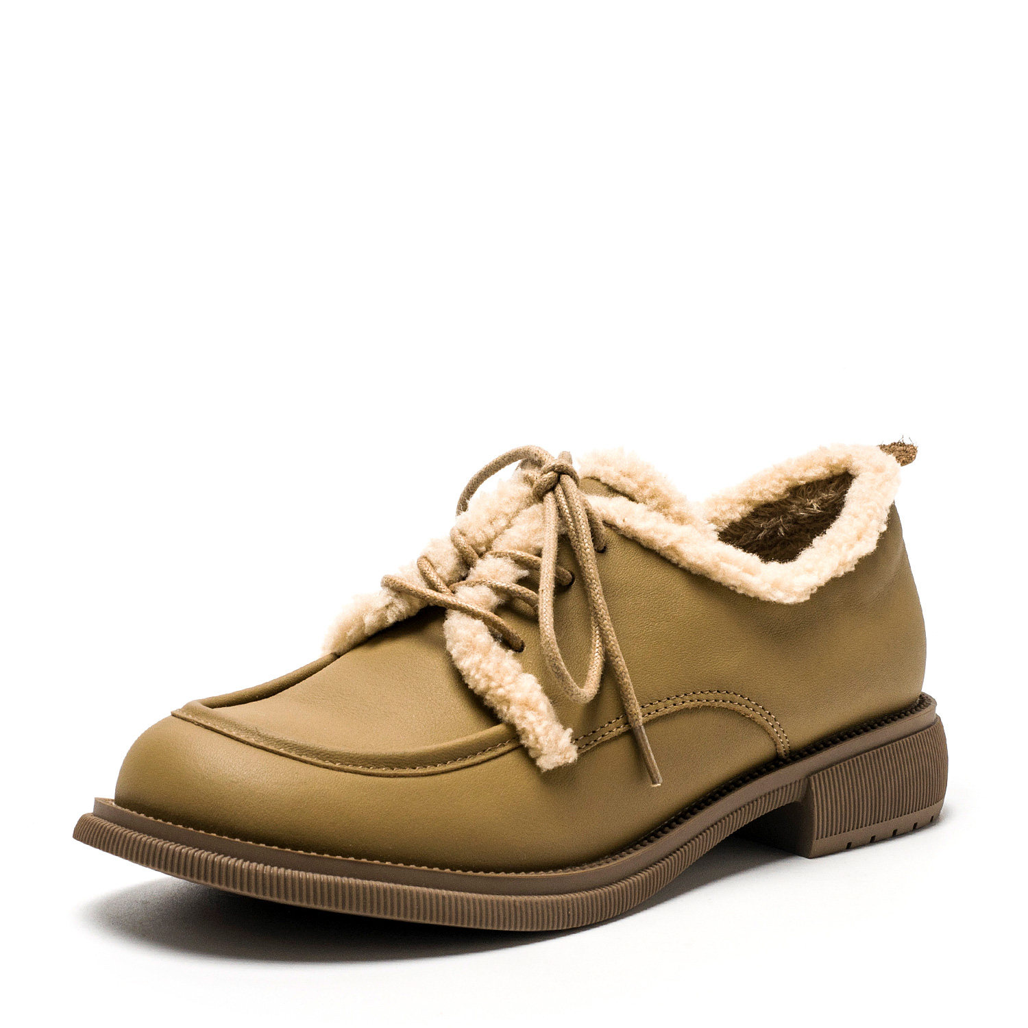 加绒棉鞋真皮深口单鞋女绑带黄色牛皮羊羔毛毛低跟圆头FB24112065