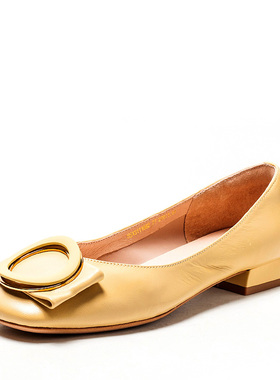 撤柜真皮女鞋子春秋黄色羊皮单鞋蝴蝶结方头浅口低粗跟SS13111082