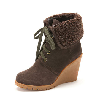 断码真皮短靴子女冬深棕色磨砂牛皮圆头绑带羊毛翻折领140021837