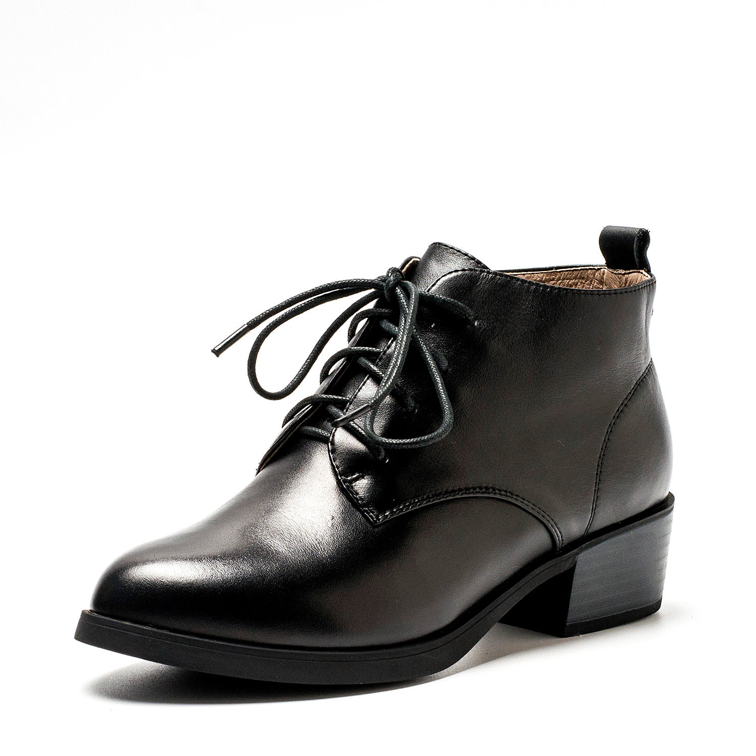 真皮马丁短靴子女冬黑色牛皮尖头粗跟绑带英伦及踝靴SF64115022