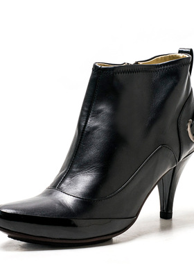 中古风怀旧拼接全真皮短靴子女冬黑色牛皮尖头高跟拉链MF83SF2275