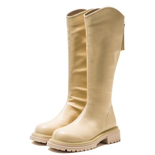 时尚长靴子女冬米白色弹力皮革圆头厚底水台粗跟后拉链MD44117010