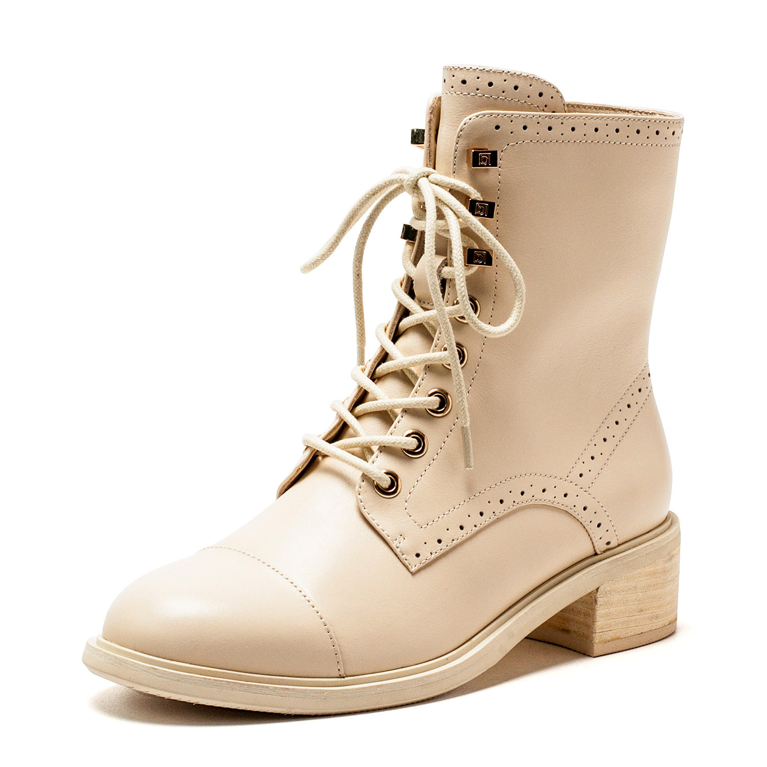 真皮短靴子女冬米白色牛皮马丁靴圆头布洛克英伦中粗跟DF34116209
