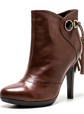 羊猄真皮短靴子女冬紫色羊皮圆头高跟侧拉链流苏民族风MFAWSA1001