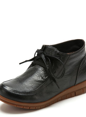 真皮高帮鞋子女冬黑色牛皮短靴子低跟圆头坡跟复古文艺SF34S70801