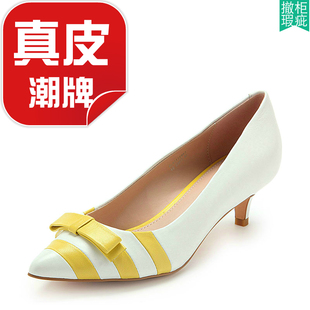 潮牌瑕疵真皮女鞋 尖头低跟拼色条纹蝴蝶结KL41112907 子春羊皮单鞋