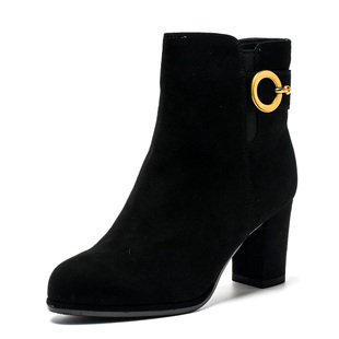 羊毛加厚棉靴保暖脚羊反绒真皮短靴子女冬高粗跟金属扣SS8411A393