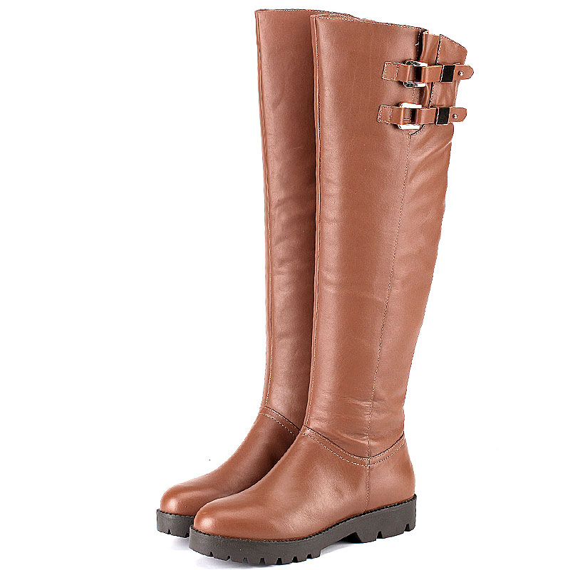 加绒棉靴过膝真皮长靴子女冬棕色