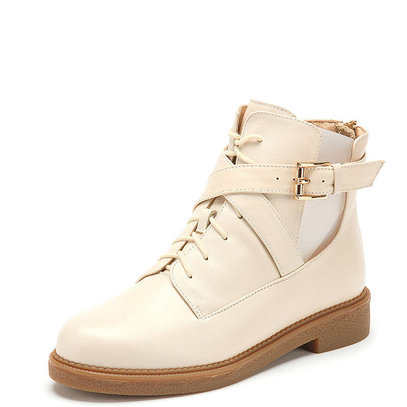 真皮马丁短靴子女米白色牛皮搭扣镂空圆头绑带平跟拉链FB44117337