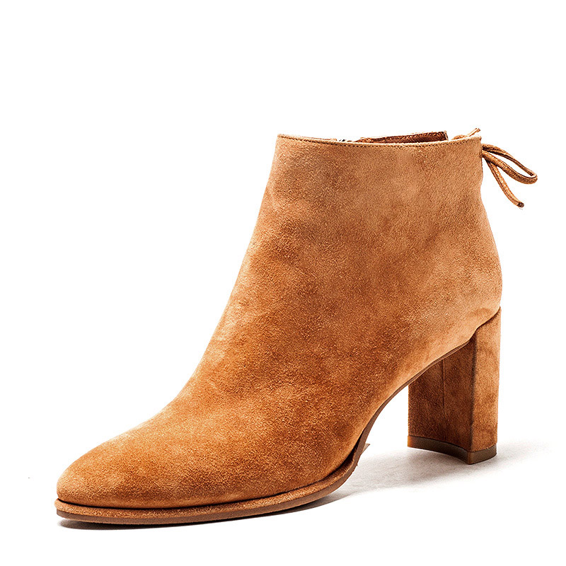 羊猄真皮短靴子女冬尖头高粗跟素版拉链后绑带羊皮舒适MFF4116003