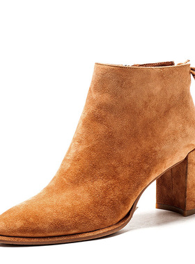 羊猄真皮短靴子女冬尖头高粗跟素版拉链后绑带羊皮舒适MFF4116003