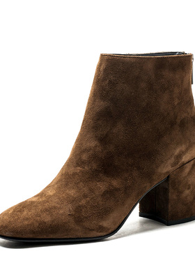 小码真皮短靴子女冬羊猄皮圆头粗跟后拉链高跟舒适百搭MFF4116007