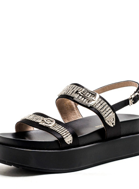 厚底水台松糕凉鞋子女夏季黑色织物水钻搭扣中跟真皮里MD22115006