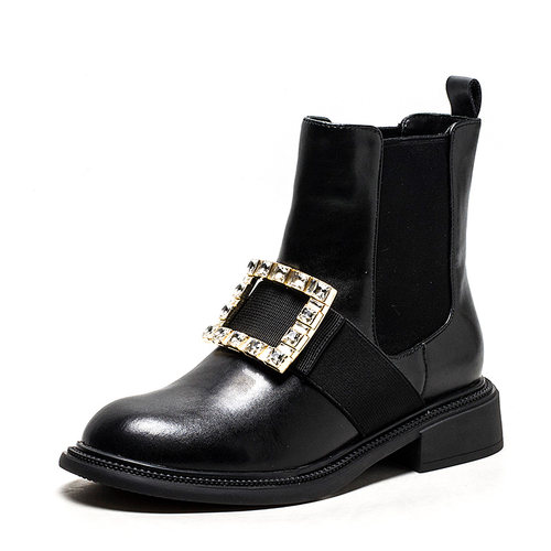 真皮短靴子女冬黑色牛皮切尔西靴