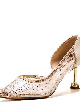 透明水晶鞋子细高跟尖头闪闪礼服真皮单鞋女侧空结婚宴MD31114012