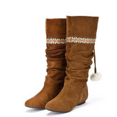 羊猄真皮长靴子女冬圆头平跟学生套筒毛毛球蝴蝶结甜美SFA4SC3112