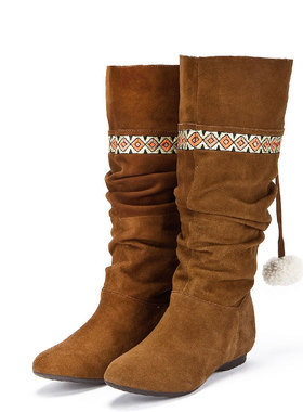 羊猄真皮长靴子女冬圆头平跟学生套筒毛毛球蝴蝶结甜美SFA4SC3112