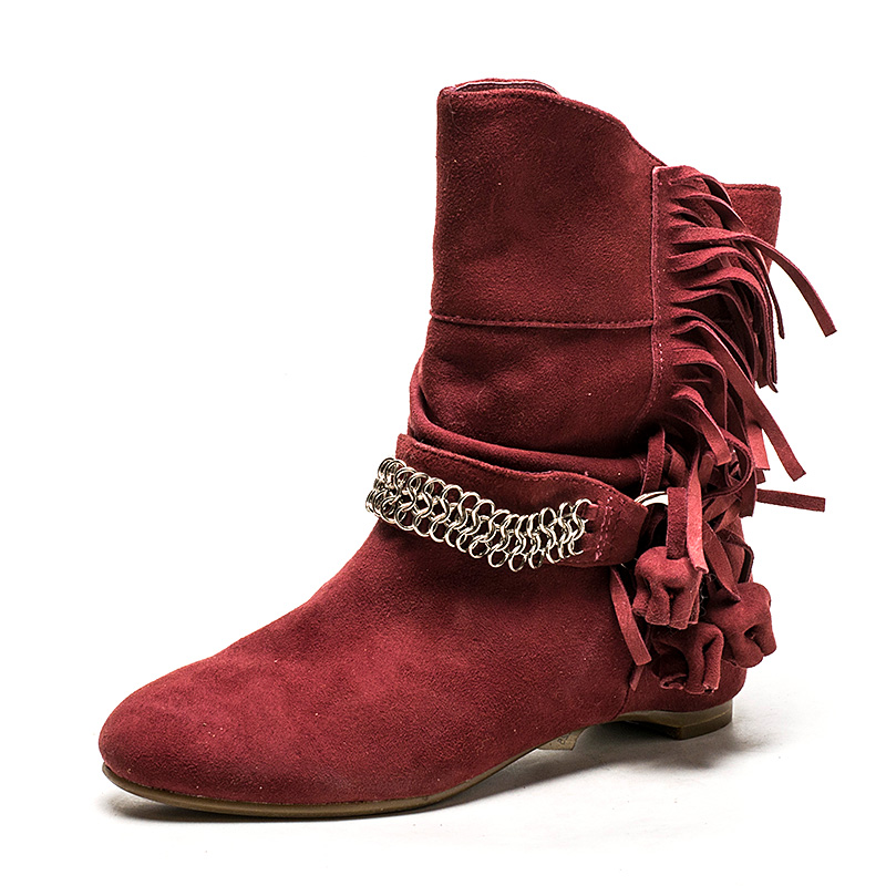 羊猄真皮短靴子女冬圆头流苏酒红