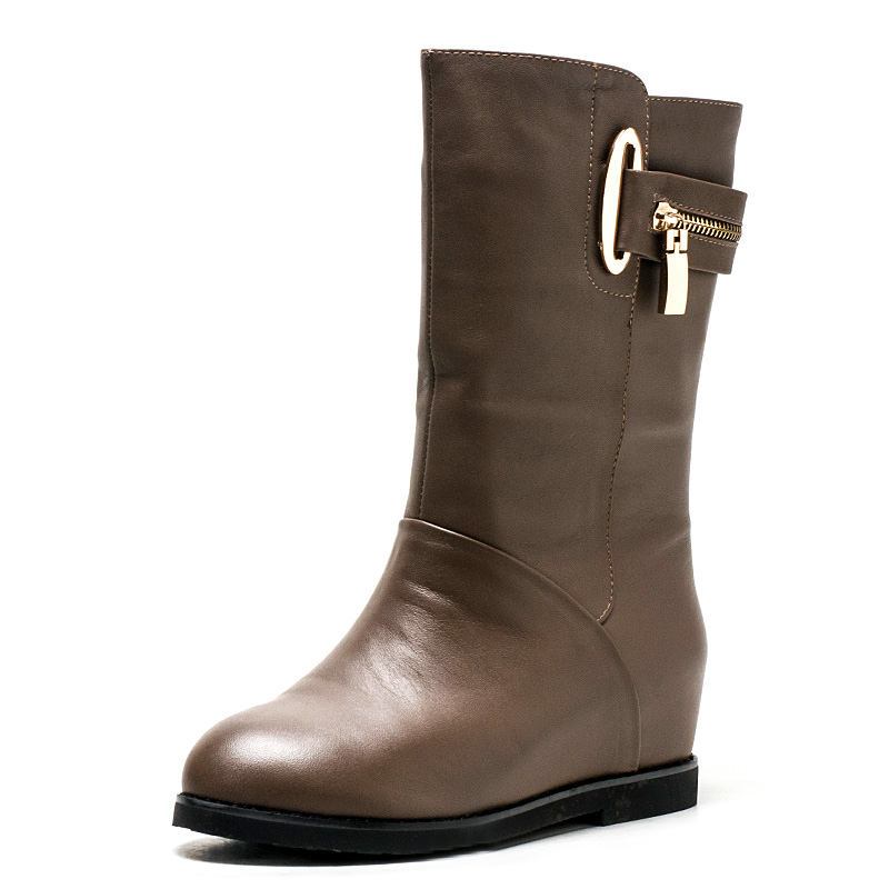 中筒真皮短靴子女冬灰色牛皮尖头内增高中跟套筒一脚蹬SS34S7IA32