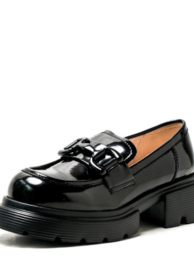 真皮乐福鞋子黑色牛皮单鞋女春秋厚底水台粗跟套脚中跟MD23112014