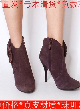 羊猄真皮短靴子女冬紫色羊皮尖头高跟花朵拉链复古法式SS94SF9610