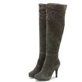 羊猄真皮过膝长靴子女冬灰色羊皮镶钻尖头高跟水台拉链FBA4SZ4511