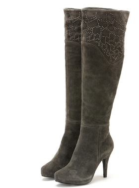 羊猄真皮过膝长靴子女冬灰色羊皮镶钻尖头高跟水台拉链FBA4SZ4511