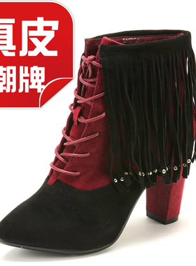 加绒棉靴真皮短靴子女冬羊猄反绒流苏马丁靴尖头高粗跟KL34SX2702