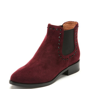 羊猄全真皮短靴子女冬酒红色羊皮尖头粗跟切尔西靴铆钉SS54112766
