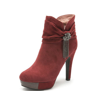 羊猄全真皮短靴子女冬酒红色羊皮圆头超高跟水台拉链钻FB24S7F511