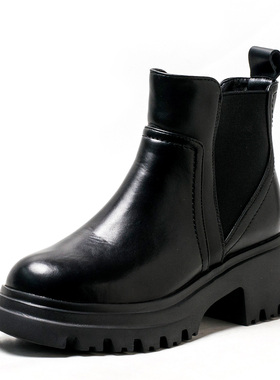 真皮切尔西短靴子女冬黑色牛皮厚底圆头水台中粗跟舒适MD34116D03