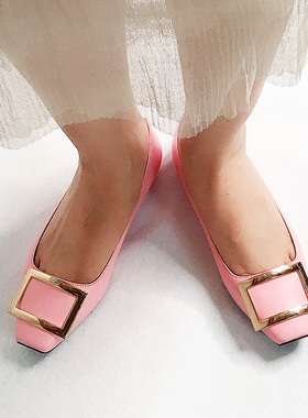 小码牛皮女鞋子真皮大底单鞋方头浅口平跟金属方扣春秋MFF1111011