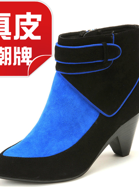 意牌羊猄真皮短靴子女冬尖头高跟拼接色复古文艺侧拉链KL34S70403